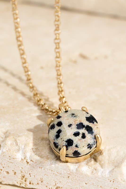 Natural Stone Charm Necklace - Circle Charm: Bw-Dalmatian / OS